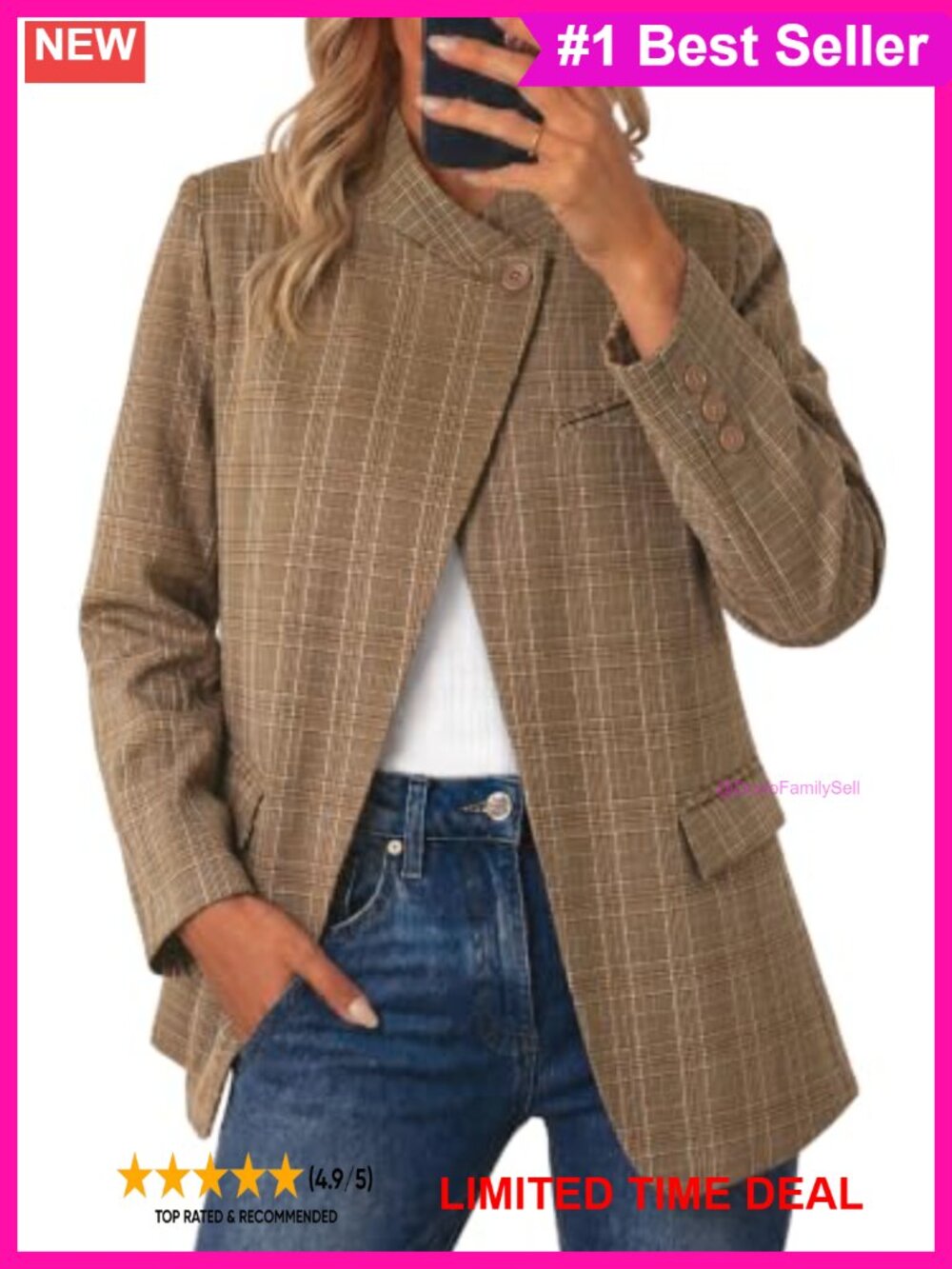 Cicy Bell Womens Casual Plaid Blazer Stand Collar Open Front Suit Jacket